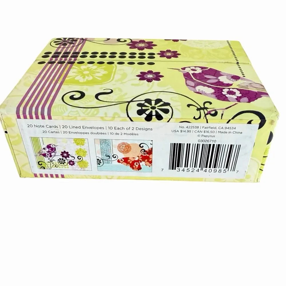 Papyrus Keepsake Box Blank Note Cards & Lined Envelopes Bird Songbird Floral